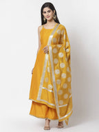 Myshka Women Yellow Silk Blend Solid Sleeveless Round Neck Neck Kurta Palazzo Dupatta Set | Grocsy