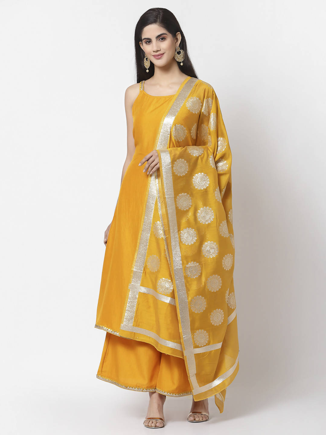 Myshka Women Yellow Silk Blend Solid Sleeveless Round Neck Neck Kurta Palazzo Dupatta Set | Grocsy