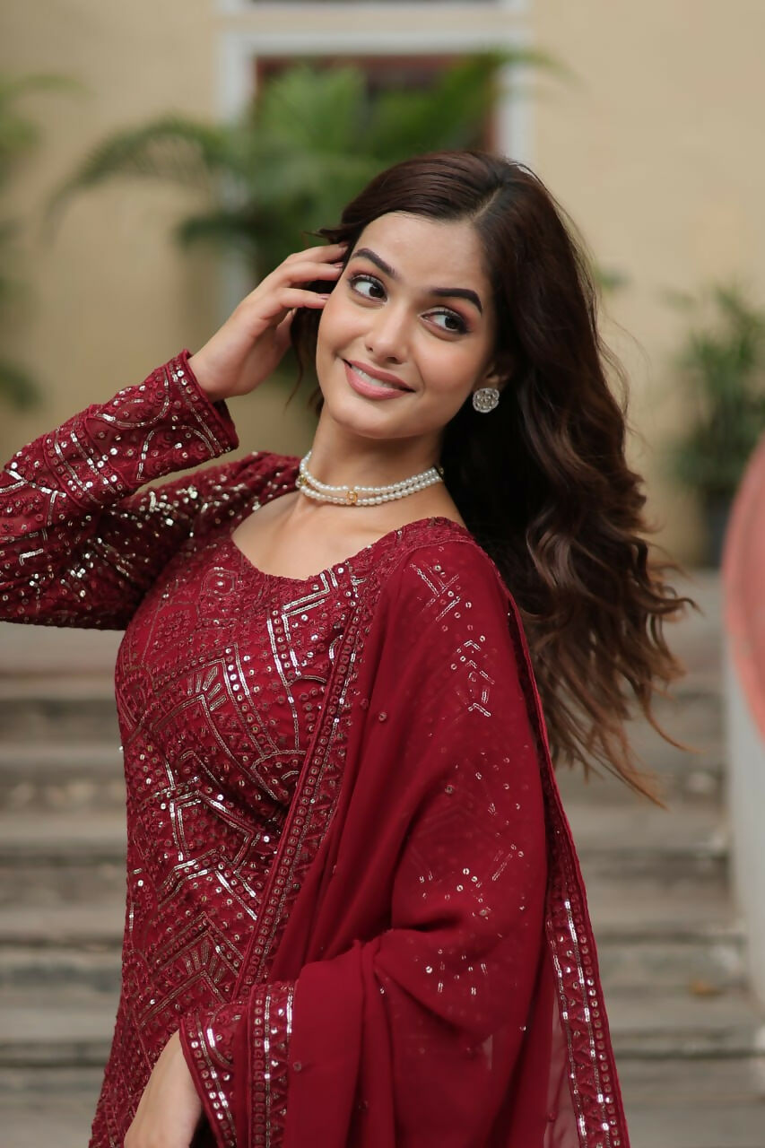 Vastranavya Premium Designer Heavy Sequins & Thread Embroidered work Top Sharara & Dupatta - Maroon | Grocsy