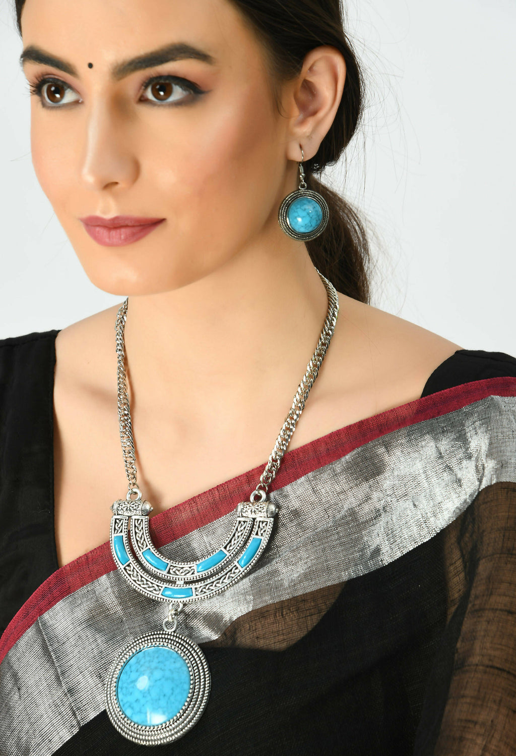 Mominos Fashion Johar Kamal Oxidised Silver-Plated Stone Work Long Necklace Handicraft Sky Blue | Grocsy