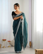 Attrctive Looking Gold Jari, Sequance Embroidery Work Twill Net Party Wear Saree - Rama | Grocsy