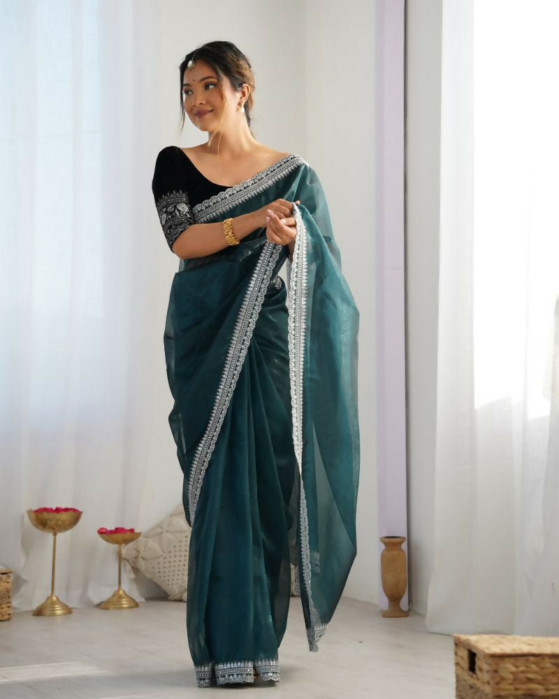 Attrctive Looking Gold Jari, Sequance Embroidery Work Twill Net Party Wear Saree - Rama | Grocsy