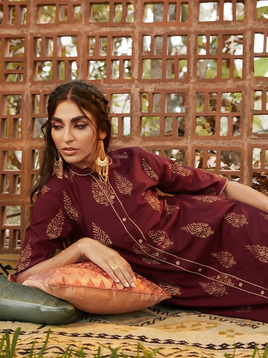 Women Maroon & Golden Pure Cotton Printed Kurta with Palazzos - Vishwa | Grocsy