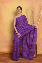 Very Much Indian Handblock Printed Cotton Saree With Natural Dyes - Purple | Grocsy