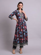Joban Fashion Black Cotton Floral Printed & Embroidery Work Anarkali Kurta With Trousers & Dupatta Set | Grocsy