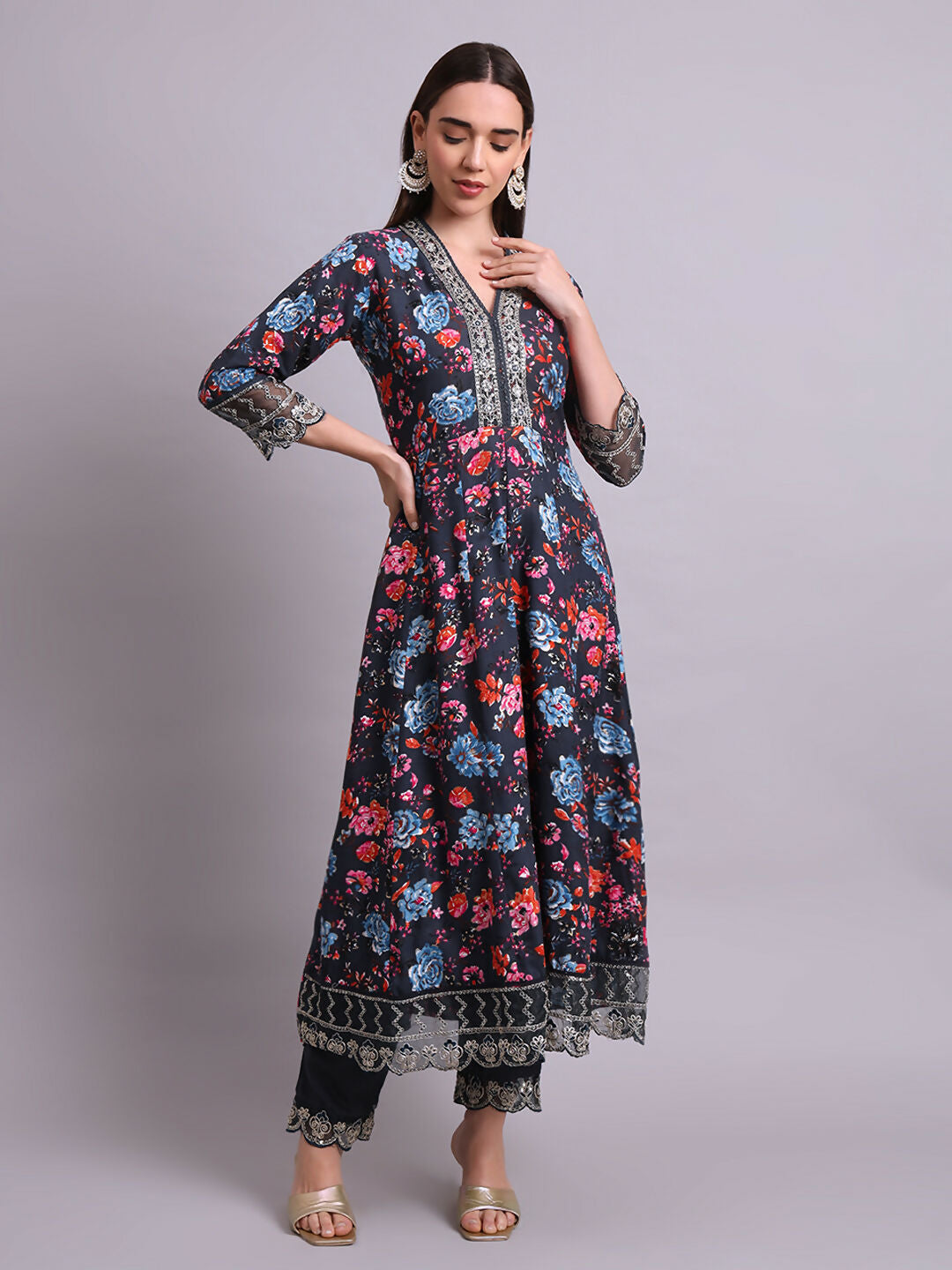 Joban Fashion Black Cotton Floral Printed & Embroidery Work Anarkali Kurta With Trousers & Dupatta Set | Grocsy