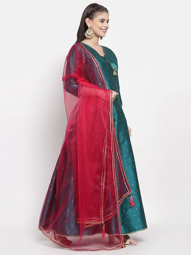 Myshka Women's Green Silk Solid 3/4 Sleeve V Neck Casual Anarkali Kurta Dupatta Set | Grocsy