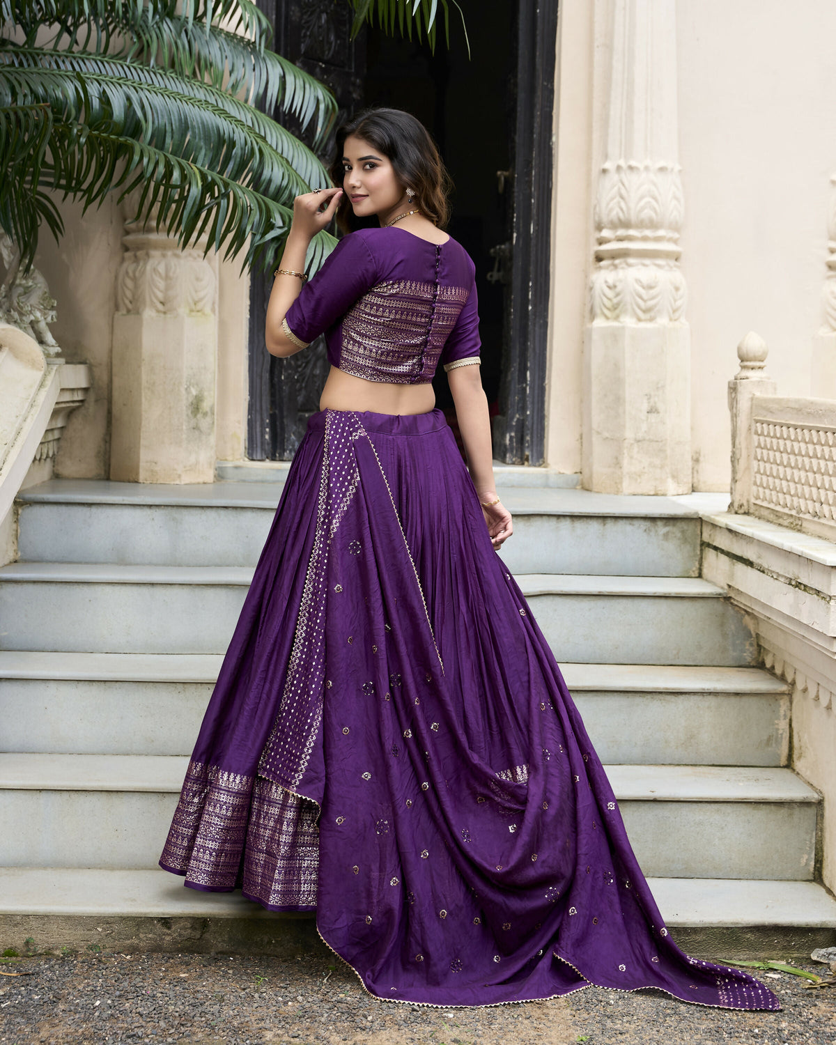 Lorenvalley Purple Pure Chanderi Plain With Zari Weaving Work Border Lehenga Choli | Grocsy