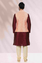 Raivat Ethnic Jacquard Banarasi Silk Woven Work 3 Pics Jacket Set In Peach Colour | Grocsy