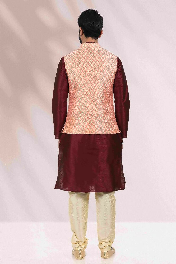 Raivat Ethnic Jacquard Banarasi Silk Woven Work 3 Pics Jacket Set In Peach Colour | Grocsy