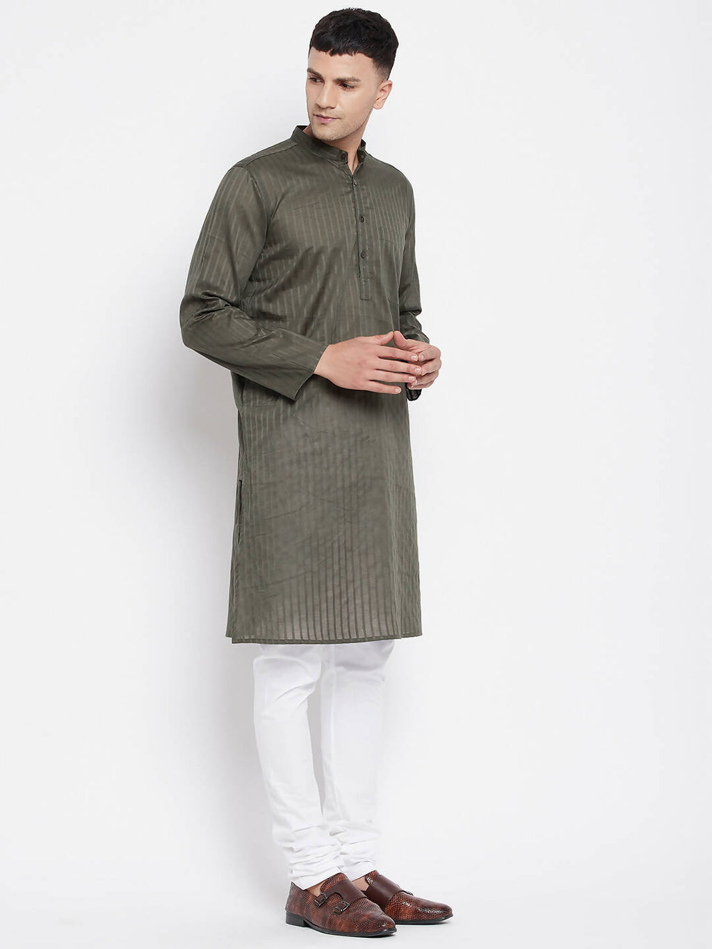 Even Apparels Green Men's Pure Cotton Kurta With Band Collar | Grocsy
