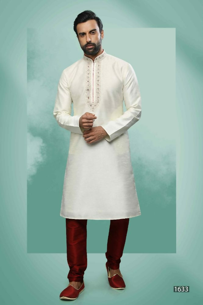 Raivat Ethnic Art Silk Mirror Embroidery Work Kurta Pajama In Cream Colour | Grocsy