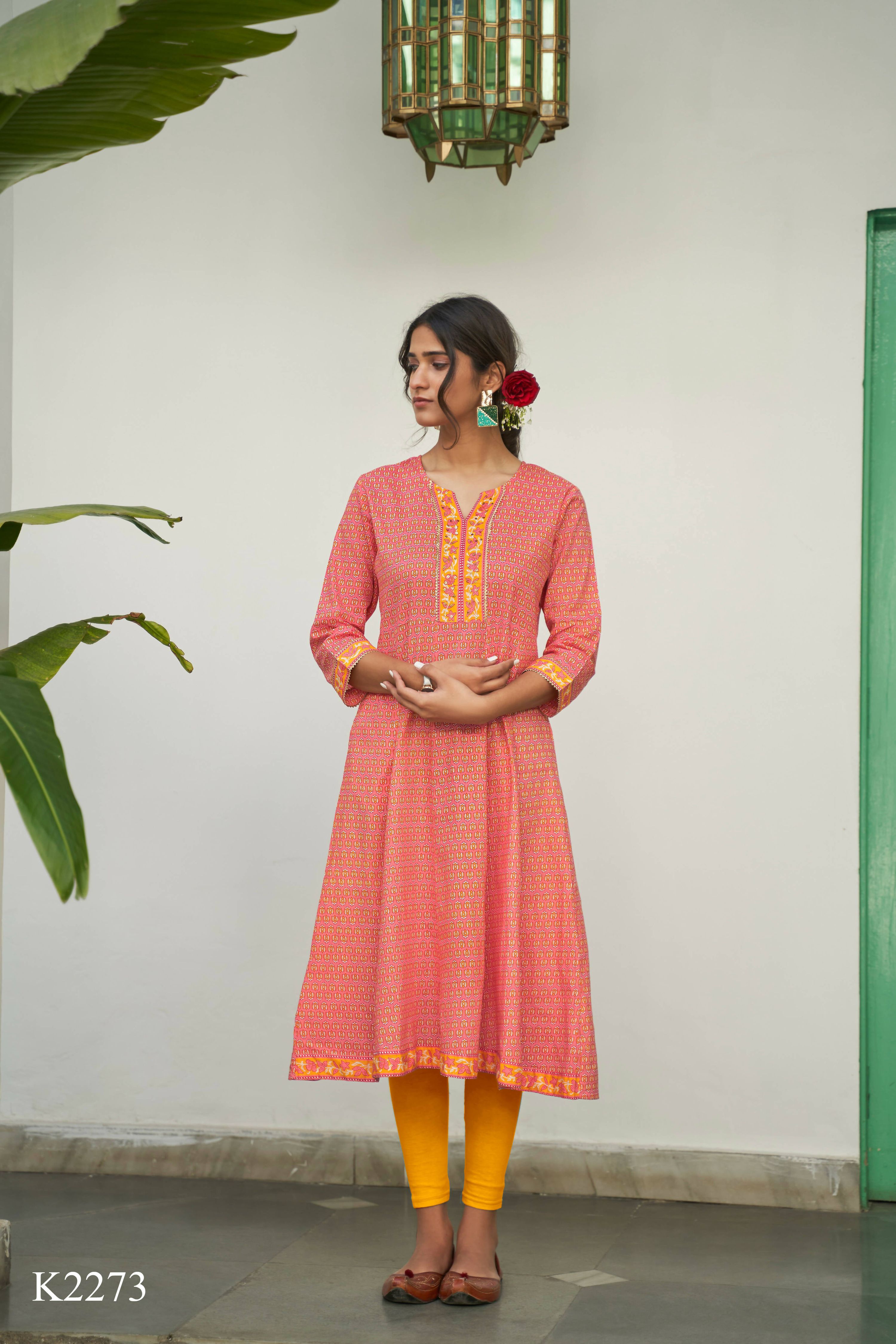 Peach Cotton Floral Printed A line Kurta - Prasuti | Grocsy