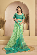 Vastranavya Mint Green Digital Printed Linen Ready To Wear Designer Saree with Unstitched Blouse | Grocsy