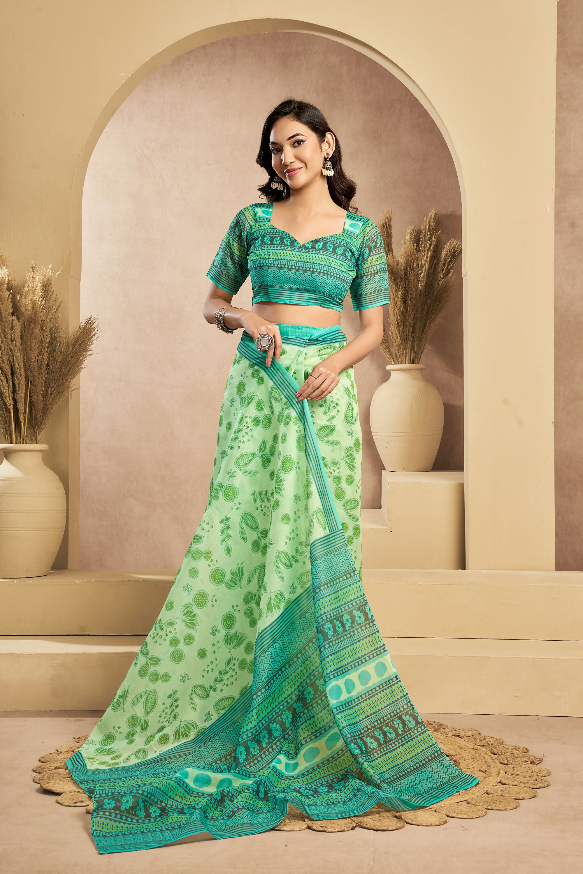 Vastranavya Mint Green Digital Printed Linen Ready To Wear Designer Saree with Unstitched Blouse | Grocsy