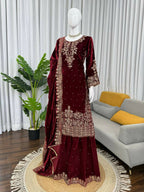 Vastranavya Maroon Viscose Velvet Cording Sequence With Moti Work Top-Bottom With Dupatta | Grocsy