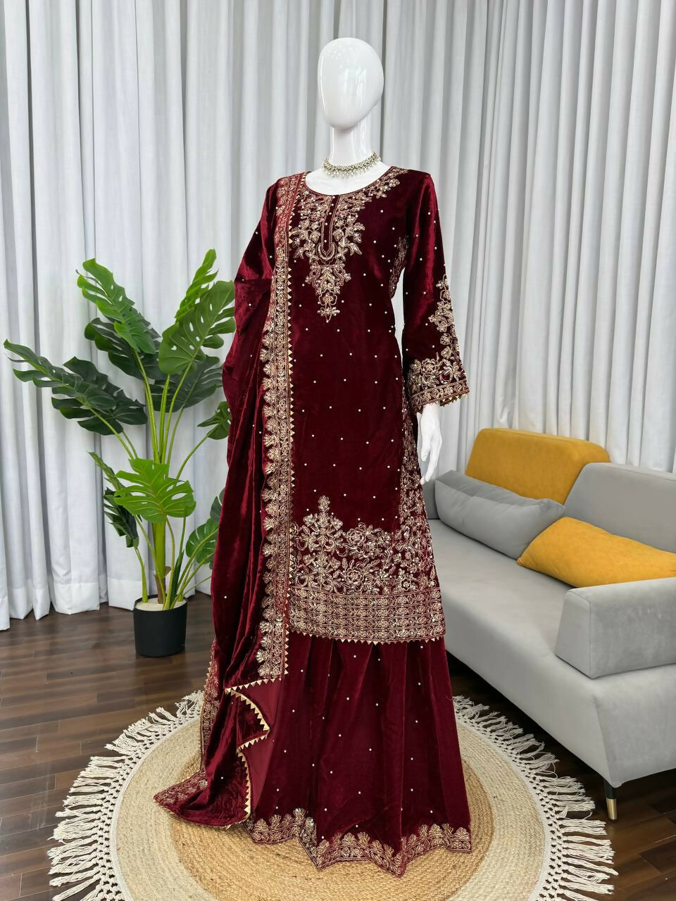 Vastranavya Maroon Viscose Velvet Cording Sequence With Moti Work Top-Bottom With Dupatta | Grocsy