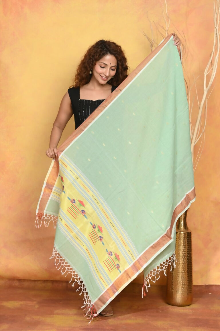 Very Much Indian Handloom Pure Cotton Paithani Dupatta - Sea Green | Grocsy