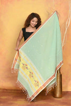 Very Much Indian Handloom Pure Cotton Paithani Dupatta - Sea Green | Grocsy