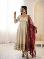 Teeya Creation Cream Cosmos Gold Lace Work Party Wear Gown | Grocsy