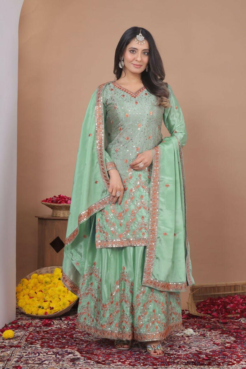 Teeya Creation Womens Trendy Light Green Silk Blend Gota Patti And Sequins Embroidered Sharara Suit Set | Grocsy