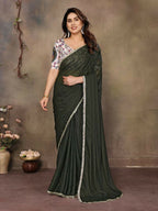 PR Fashion Mehen Star Georgette Solid Georgette With Mirror Border Saree | Grocsy