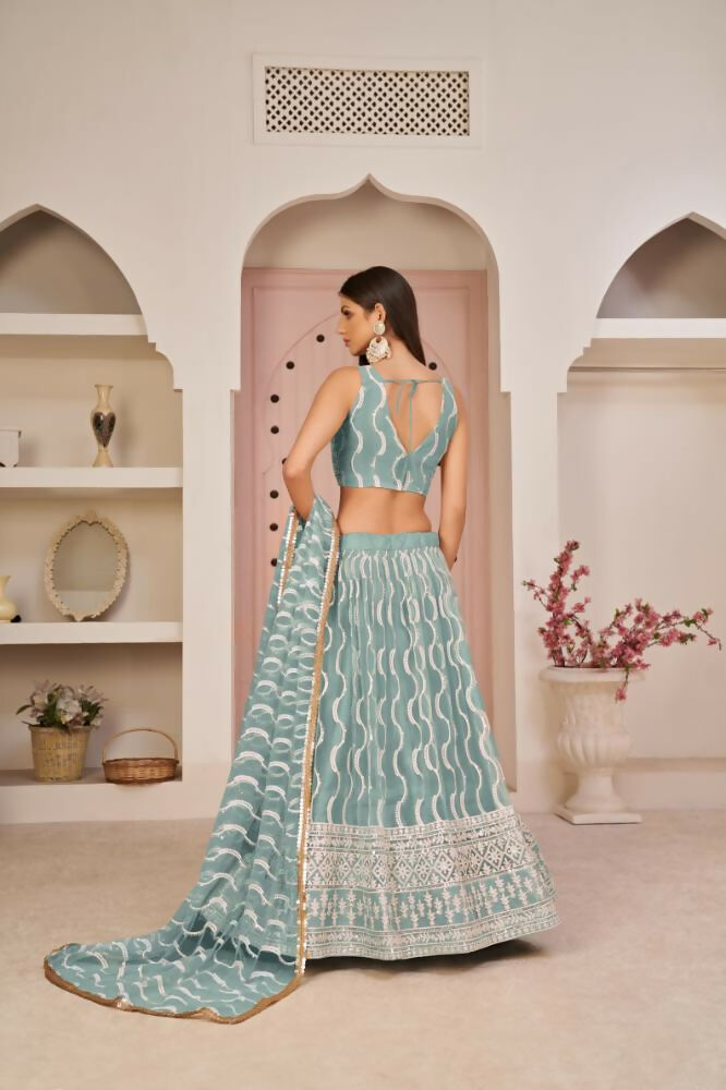 Aastha Fashion Ocean Blue Butterfly Net White Cotton Thread Work, Zari Work And Sandwich Sequence Work Embroidery Wedding Wear Lehenga Choli | Grocsy