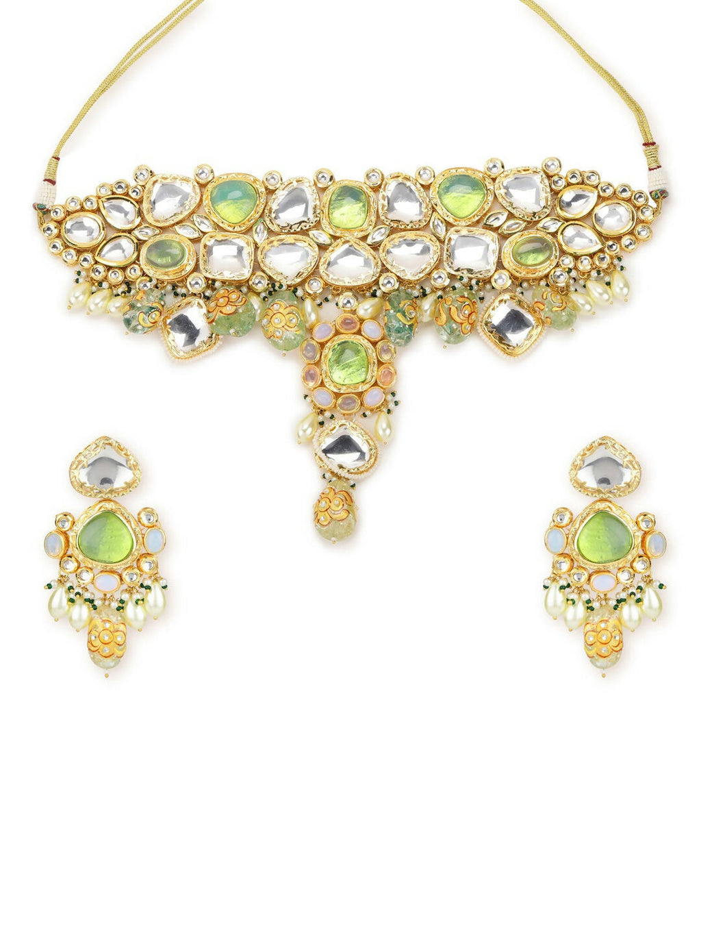 Green Maharani Kundan Neckpiece with Earrings and Maang Tikka- Ruby Raang | Grocsy