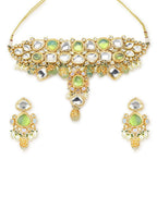 Green Maharani Kundan Neckpiece with Earrings and Maang Tikka- Ruby Raang | Grocsy