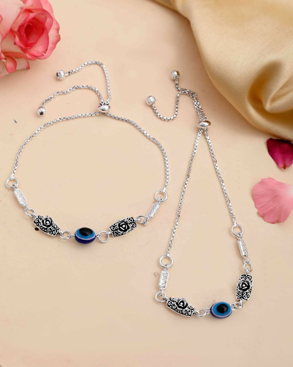 VOJ Set of 2 Silver Plated Flower And Evil Eye HandCrafted Anklet | Grocsy