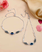 VOJ Set of 2 Silver Plated Flower And Evil Eye HandCrafted Anklet | Grocsy