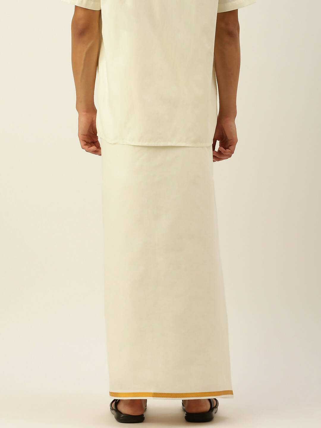 Ramraj Cotton Mens Pure Cotton 1/2 Inch Gold Jari Dhoti - Cream | Grocsy