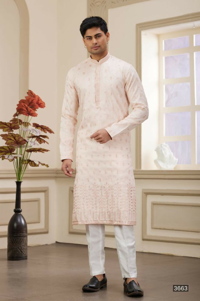 Raivat Ethnic Art Silk Thread Work Kurta Pajama In Light Pink Colour | Grocsy