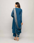 FIORRA Women's Teal Blue Creap A-Line Kurta Pant With Dupatta | Grocsy