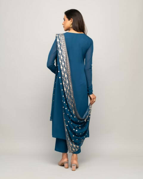 FIORRA Women's Teal Blue Creap A-Line Kurta Pant With Dupatta | Grocsy