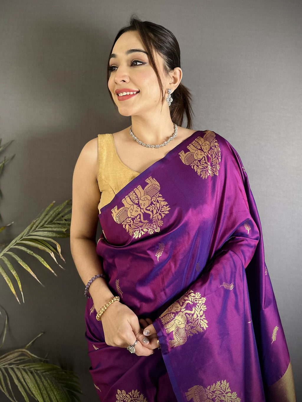 Joban Fashion Purple Motifs Zari Weaving Soft Silk Banarasi Saree | Grocsy