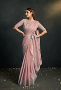 Coral Organza Silk Crepe Cord Sequence & Thread Embroidered & Stone Work Saree - Moh-Manthan Royal Enigma | Grocsy