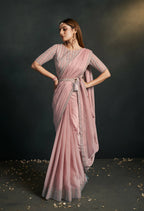 Coral Organza Silk Crepe Cord Sequence & Thread Embroidered & Stone Work Saree - Moh-Manthan Royal Enigma | Grocsy