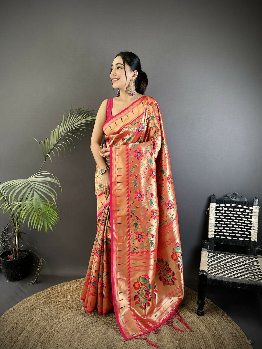 Joban Fashion Rani Pink Floral Vine Pattern Soft Silk Paithani Saree | Grocsy