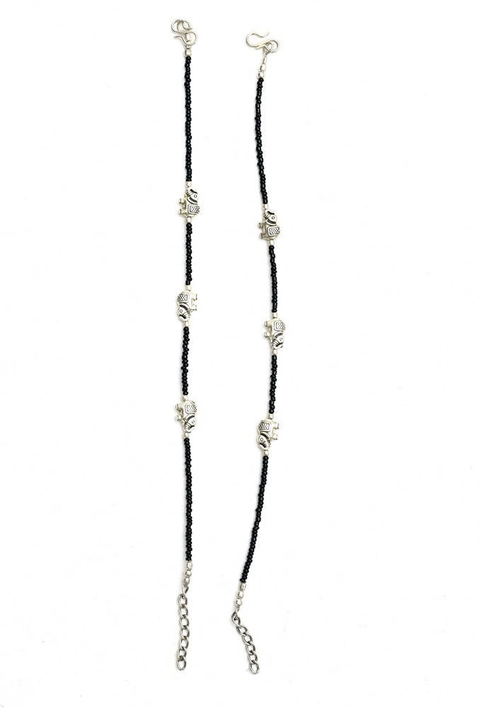 Mominos Fashion Kamal Johar Oxidised Elephant Design Silver/Black Anklets | Grocsy