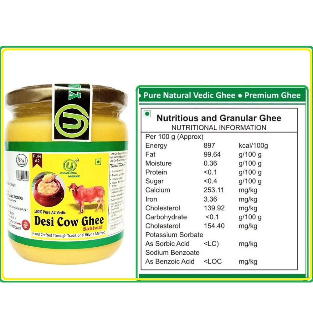 Yugmantra Organic Foods Pure A2 Natural Desi Cow Ghee Sahiwal | Handmade Desi Ghee | Grassfed, Golden, Grainy, Natural Fresh | Grocsy