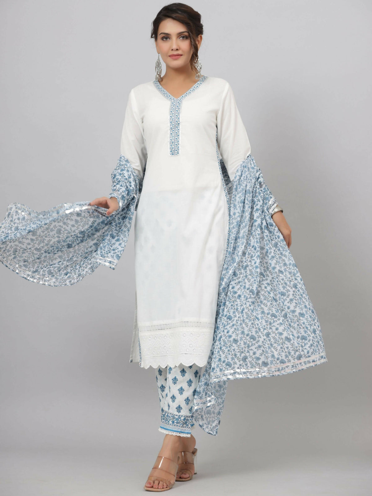 Juniper Women's White Cotton Cambric Solid Kurta Floral Printed Pant & Dupatta Set | Grocsy