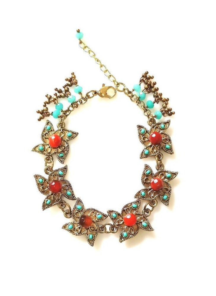 Bling Accessories Antique Brass Semi Precious Natural Stone Coral & Turquoise Charm Bracelet | Grocsy