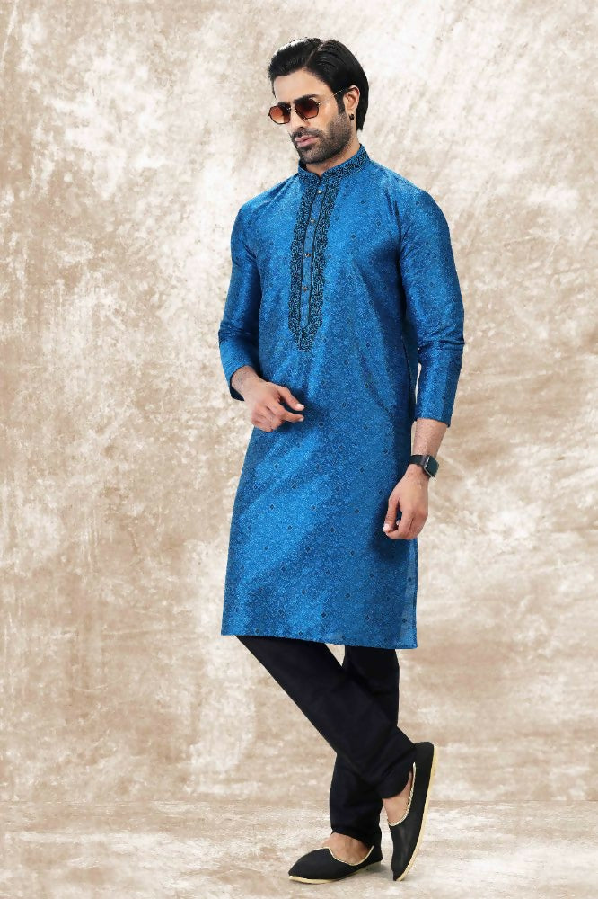 Raivat Ethnic Jacquard Silk Brocade Thread Work Kurta Pajama In Blue Colour | Grocsy