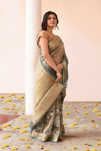 Joban Fashion Grey Pure Banarasi Tissue Saree | Grocsy