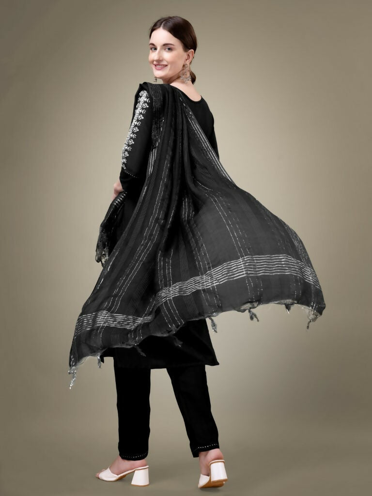 Jyoti Fashion Women's Black Cotton Blend Embroidery & Sequence work Kurta with Trouser & Dupatta | Grocsy