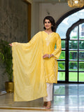Juniper Women's Yellow Thread Embroidered Viscose Kurta Palazzo And Dupatta Set With Thread & Mirror Work | Grocsy
