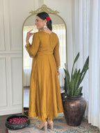The52 Mustard Women's Gorgeous Embroidered Vichitra Silk Fabric Flared Kurta Pant with Dupatta Set | Grocsy