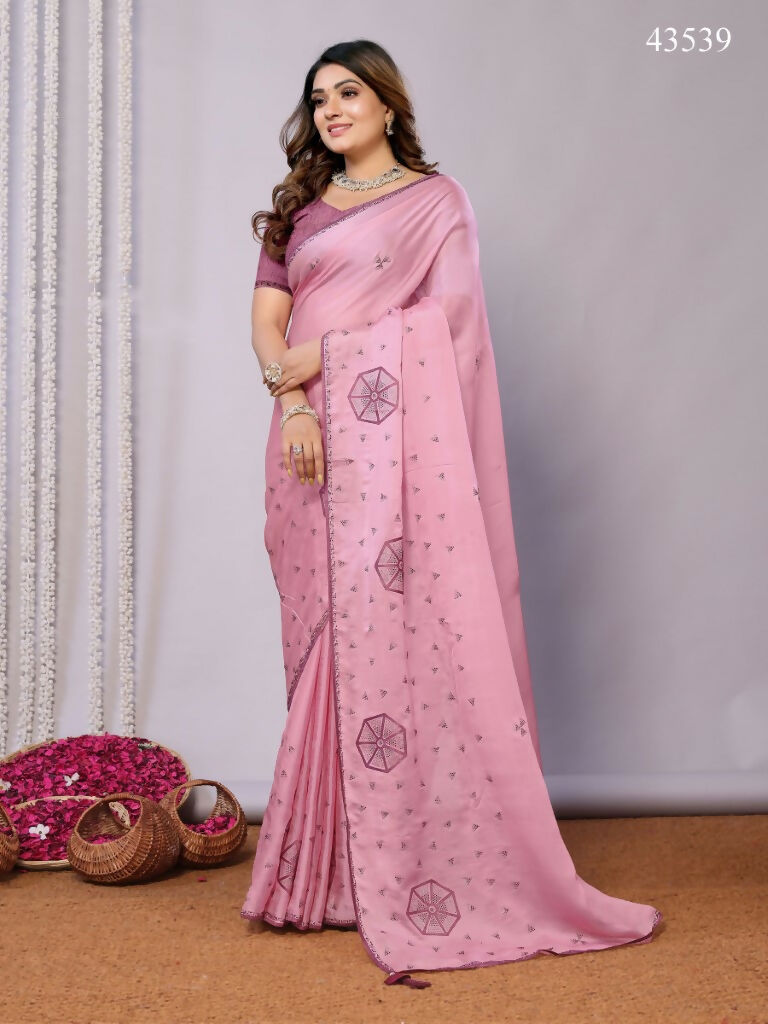 Pink Zari Organza Stone Work All Over Saree - Norita Saumya | Grocsy