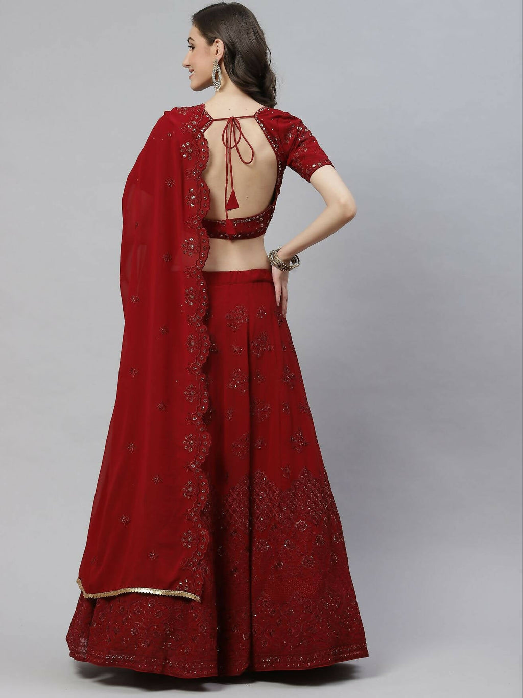 Maroon Georgette Thread with Sequins Embroidered work Lehenga Choli with Dupatta - Jivika | Grocsy